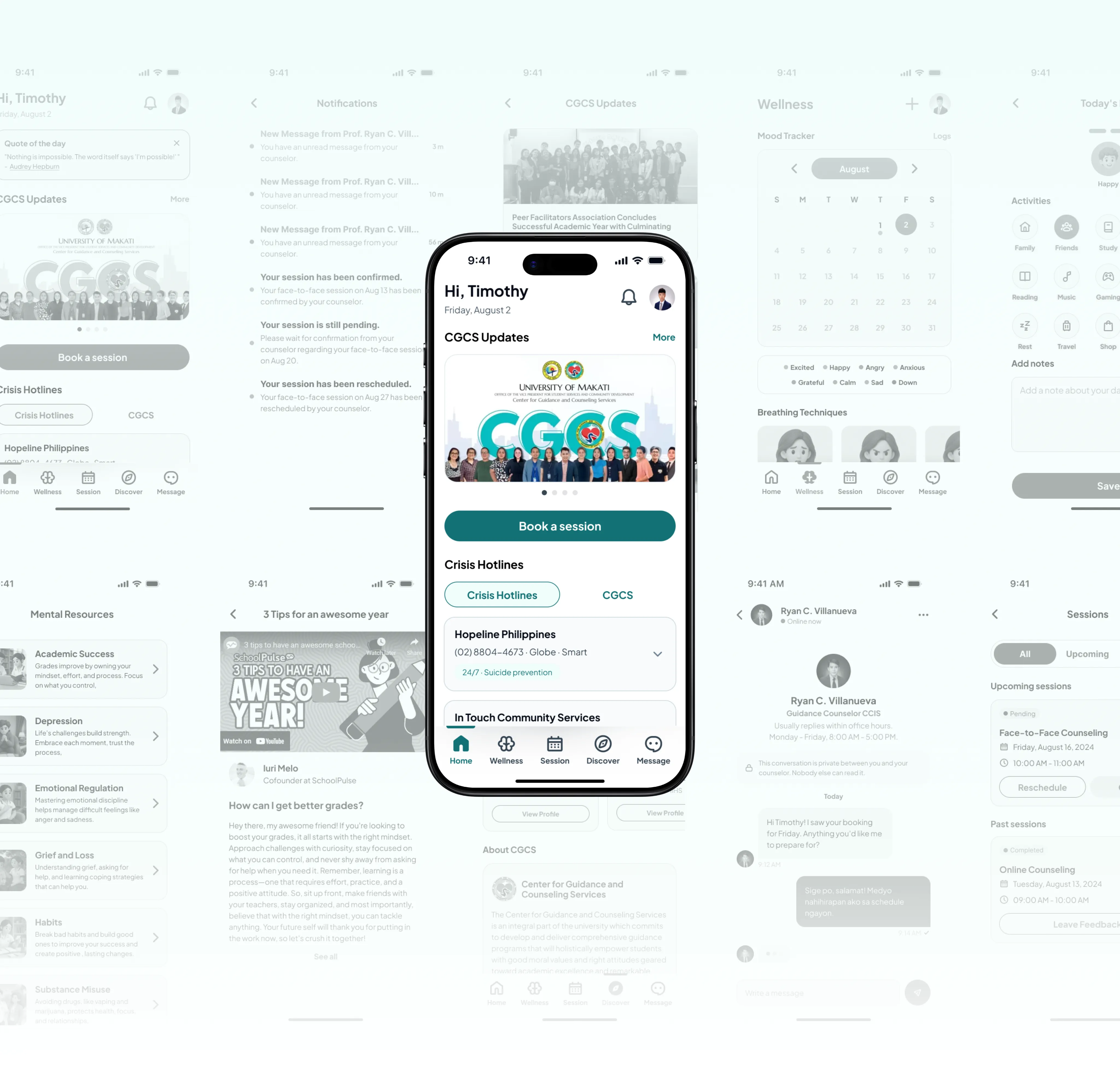 Contact sheet of the 47+ redesigned CampusCare screens.