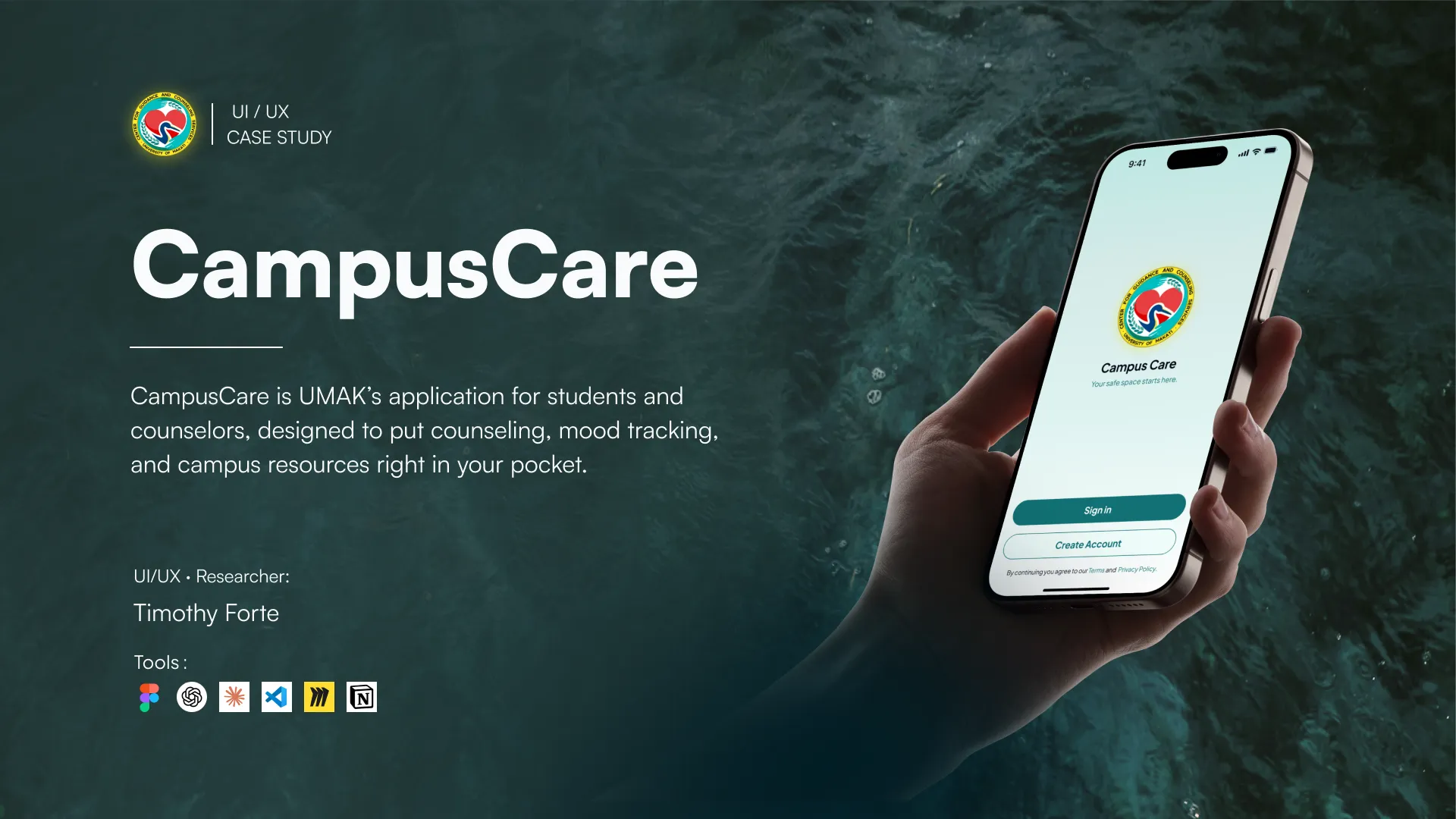 CampusCare: UI/UX case study by Timothy Forte. CampusCare is UMAK's application for students and counselors, designed to put counseling, mood tracking, and campus resources right in your pocket.