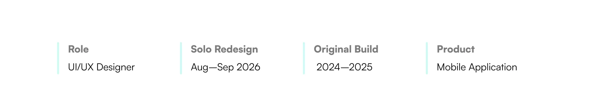 Role: UI/UX Designer. Solo Redesign: Aug–Sep 2026. Original Build: 2024–2025. Product: Mobile Application.