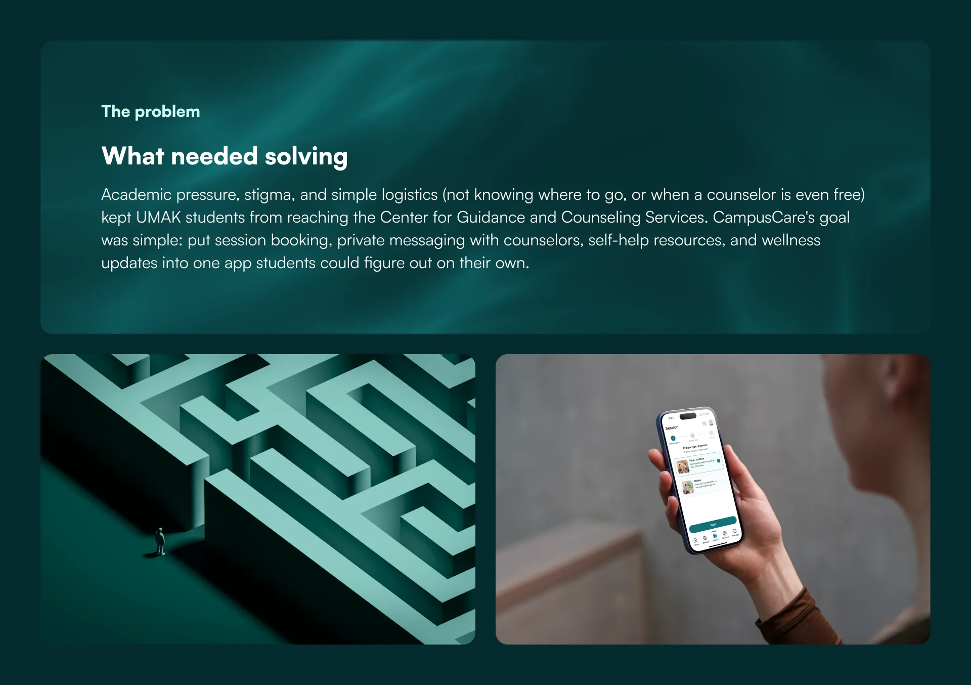 The problem — What needed solving: academic pressure, stigma, and logistics kept UMAK students from reaching CGCS. CampusCare put session booking, private messaging, self-help resources, and wellness updates into one app, shown alongside two app screenshots.