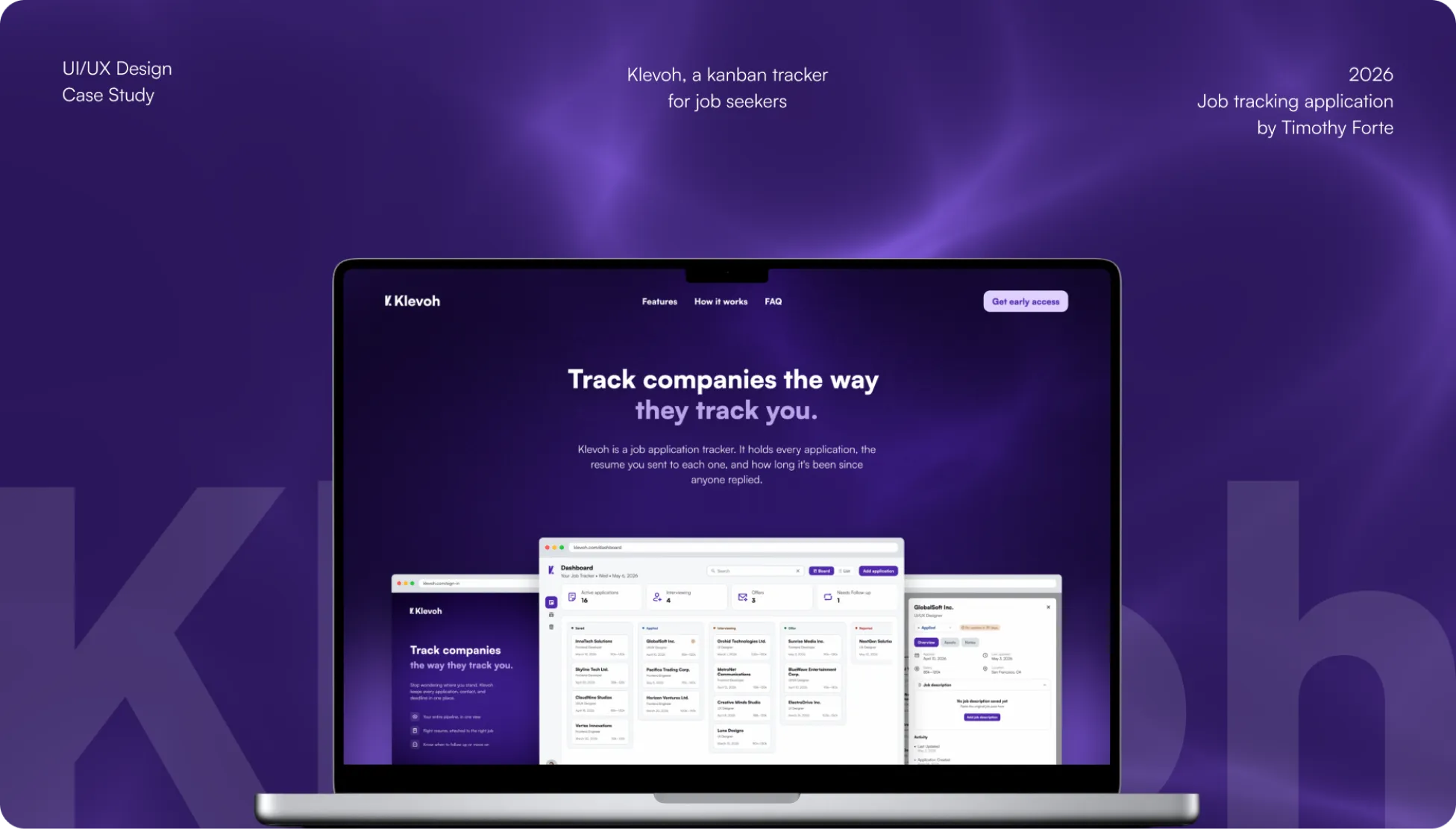 Klevoh landing page hero and dashboard preview on a laptop mockup