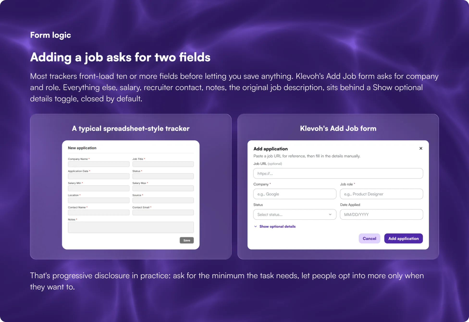 Form logic: Klevoh's Add Job form asks for company and role first, with everything else behind a Show optional details toggle