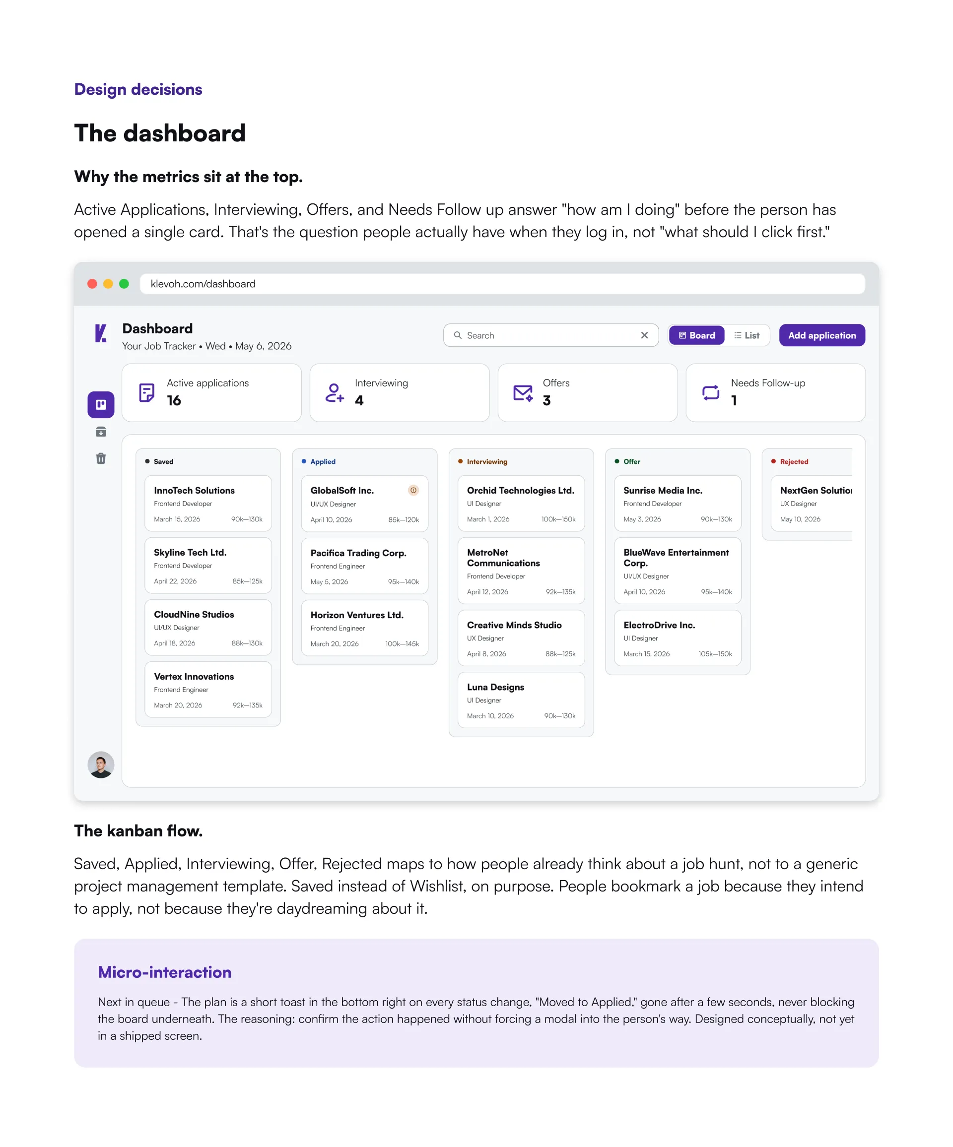 Design decisions: why the metrics — Active Applications, Interviewing, Offers, Needs Follow-up — sit at the top of the dashboard, shown alongside the Klevoh dashboard screen, followed by the Saved/Applied/Interviewing/Offer/Rejected kanban flow.